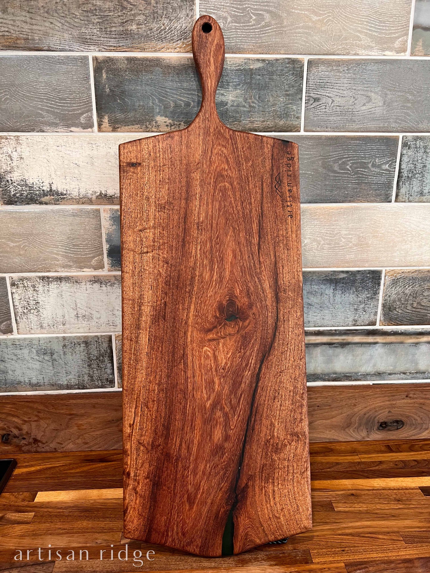 Mesquite Charcuterie Board with Emerald Green Accents - #00006