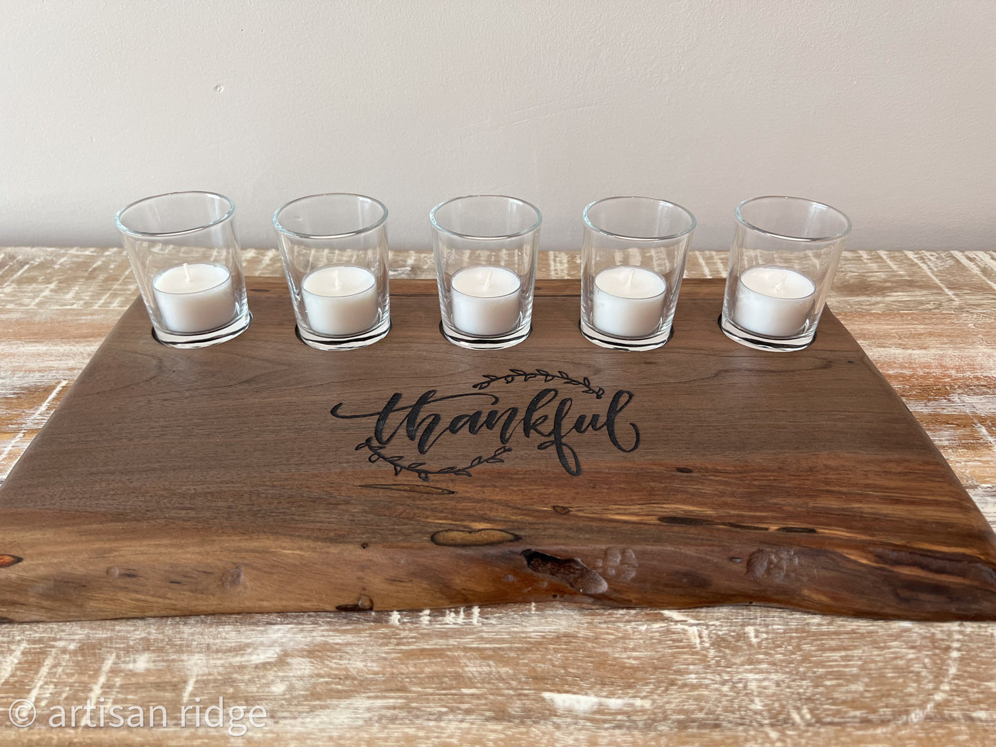 Solid Walnut Tea Light Display - 'Thankful'