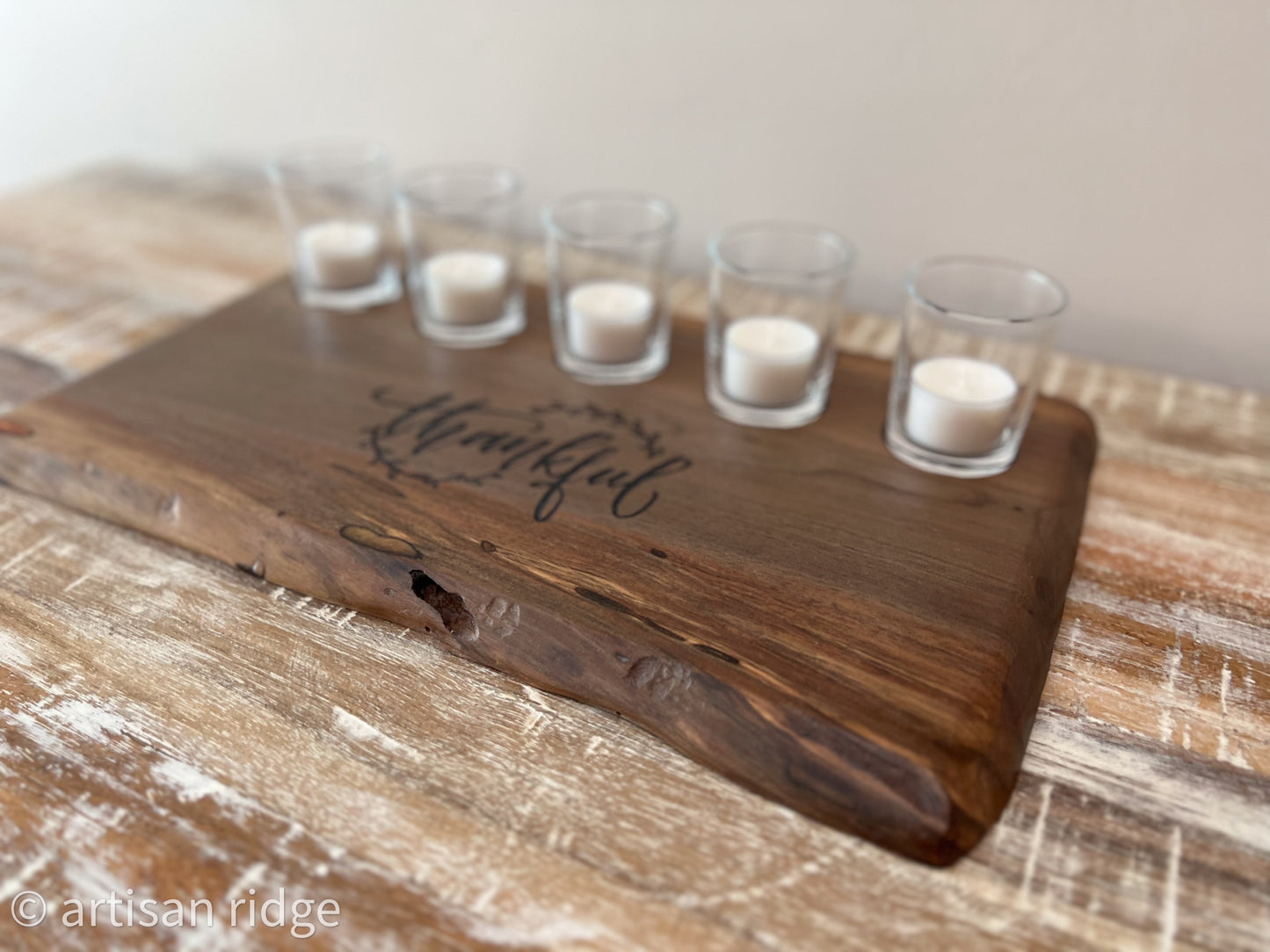 Solid Walnut Tea Light Display - 'Thankful'